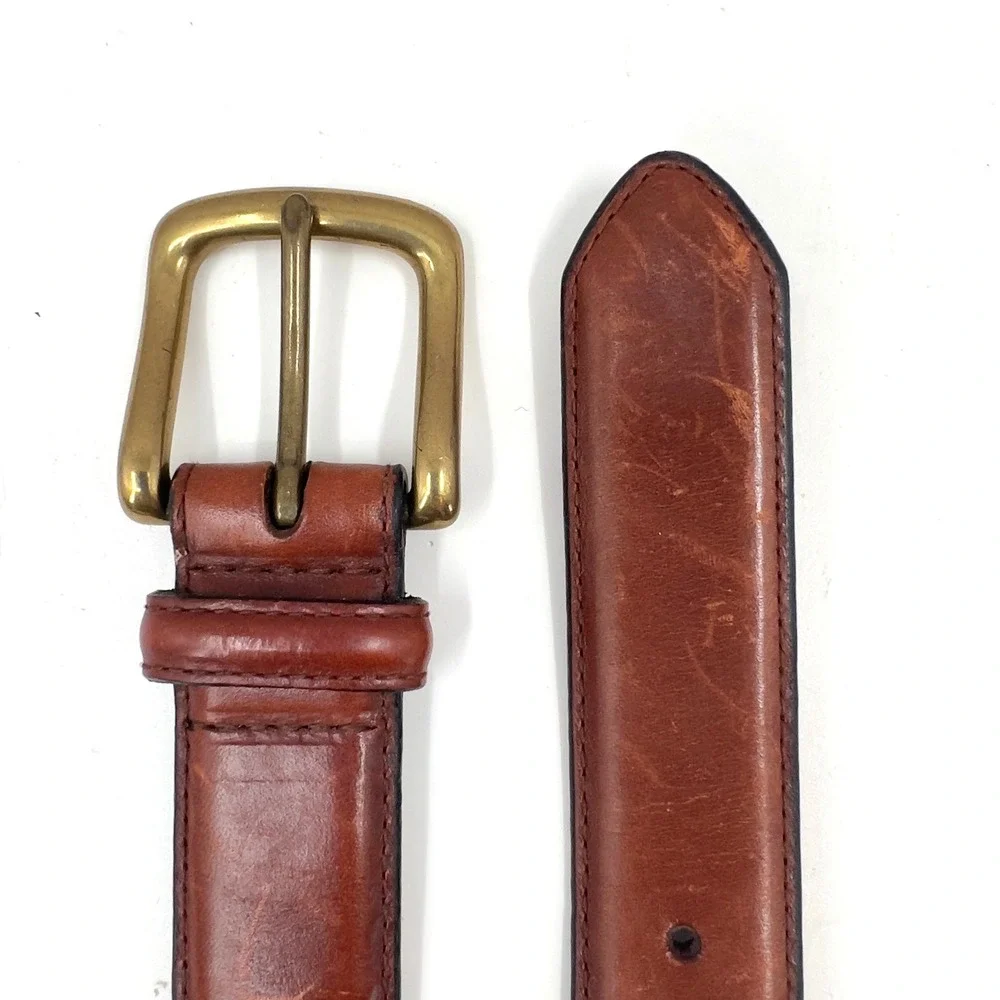 Mens Vintage Leather Belt Brown Oil Tan Cowhide Woven Inlay Solid Brass 40